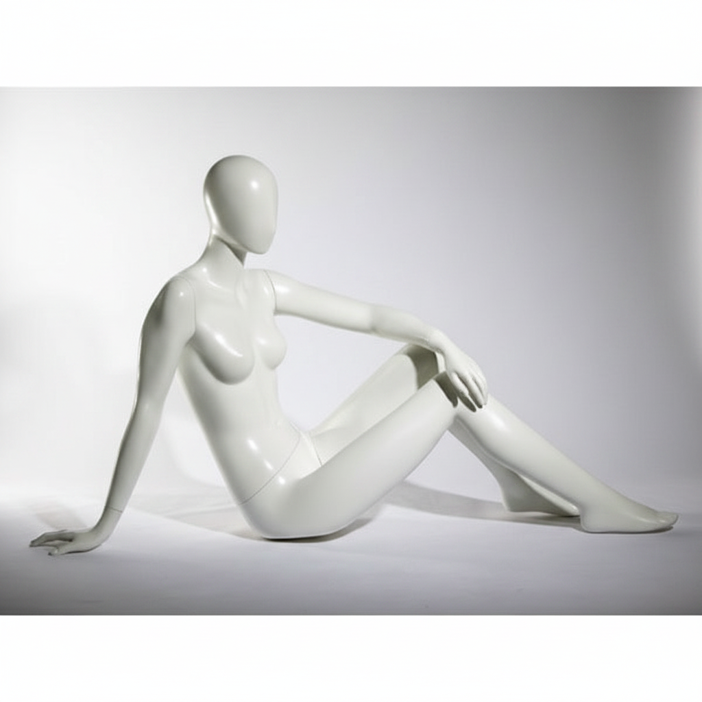 Faceless female mannequin. White, matte with faceless head. Seated