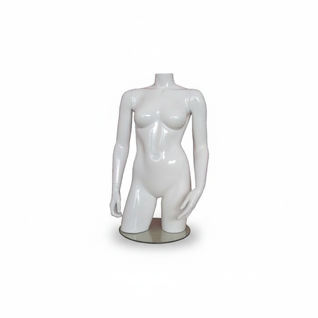 Female mannequin torso in fiberglass. White high gloss without head. Torso with hips. On a base plate.