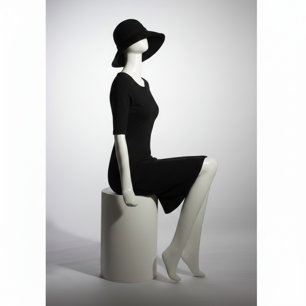 Faceless female mannequin. White, matte with faceless head. Glove hands. Seated