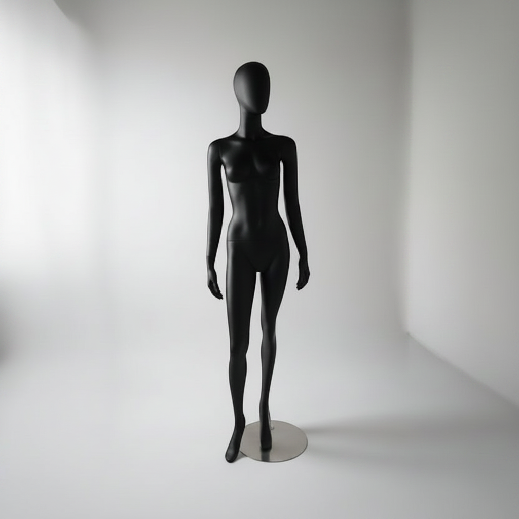 1300 Faceless female mannequin. Black with head (egg). Round metal base. H 180 cm. Model B