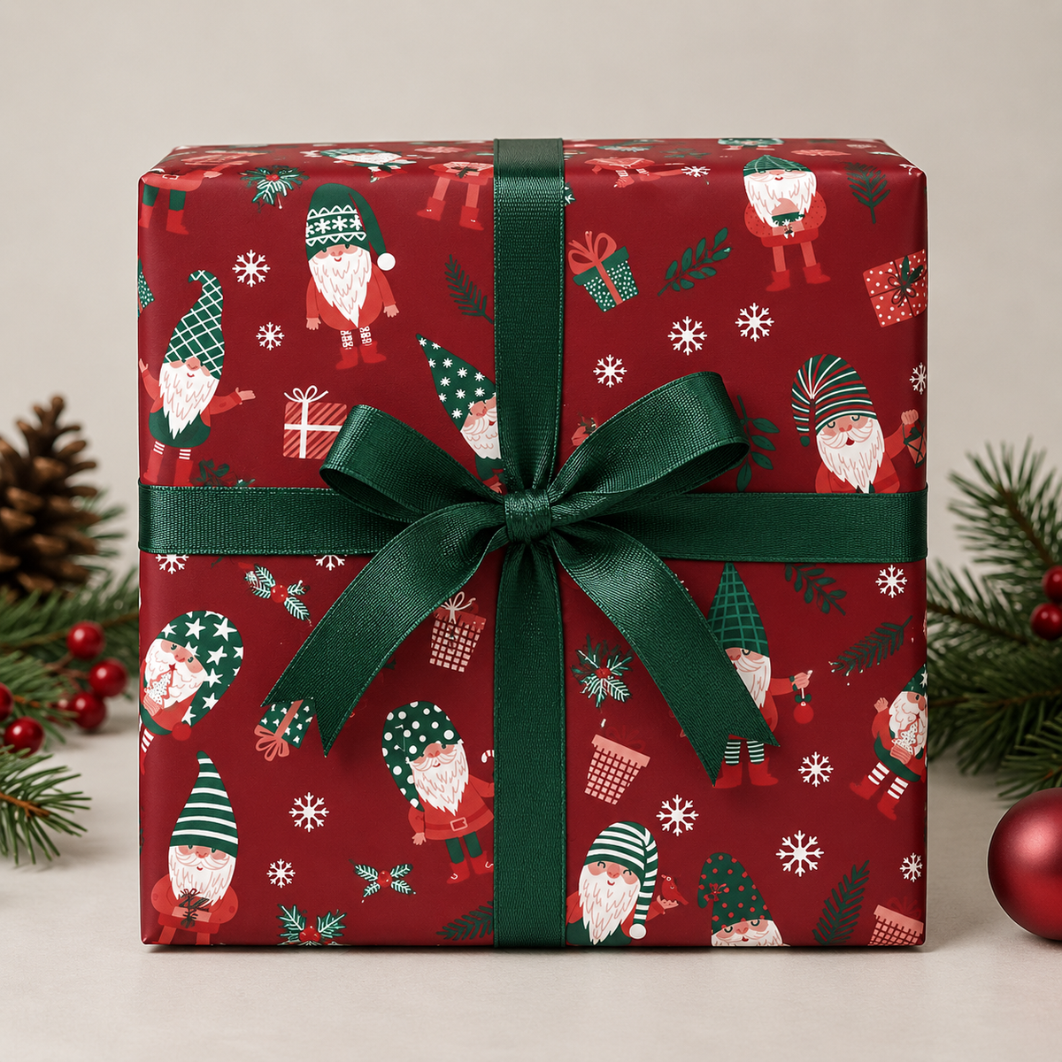 Christmas wrapping paper with gnomes, red, 70 cm x 50 m
