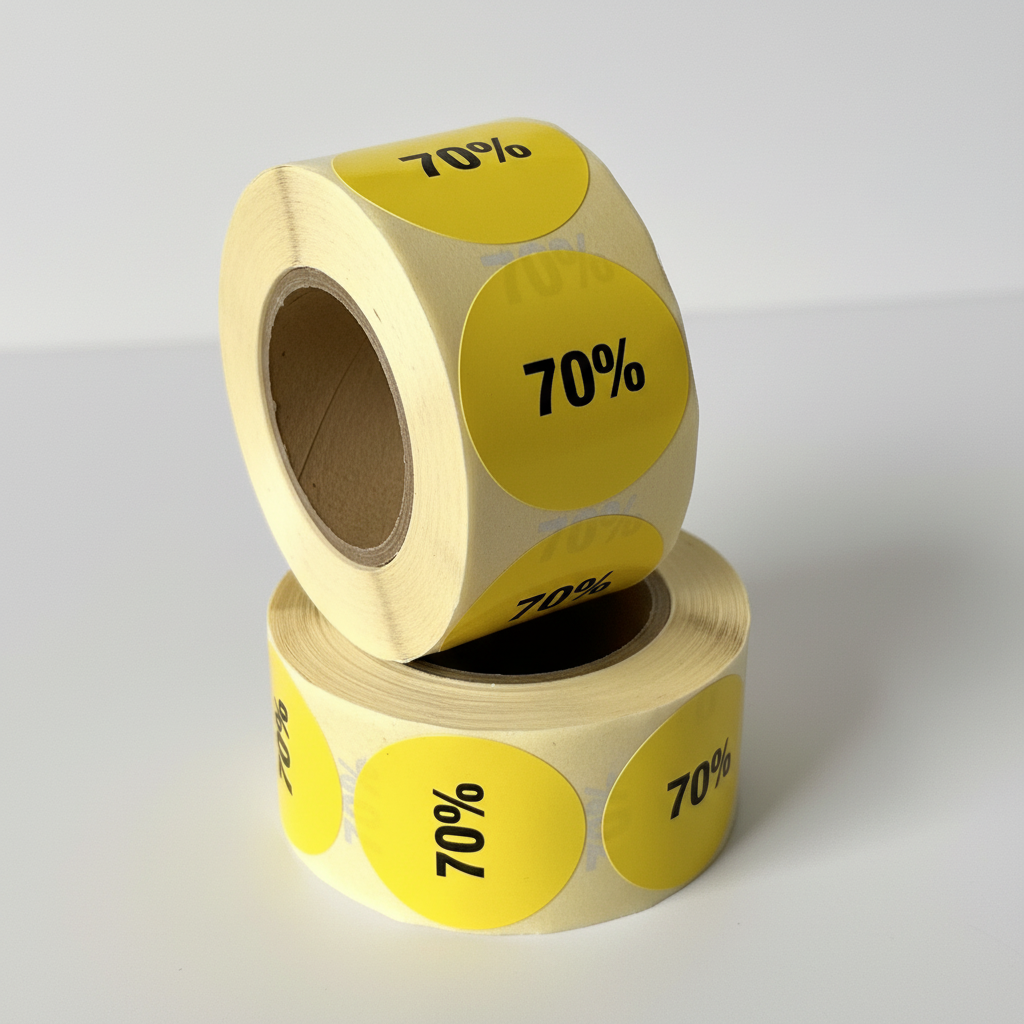 Yellow discount sticker 70%. Roll of 500 pcs. Ø 30 mm.