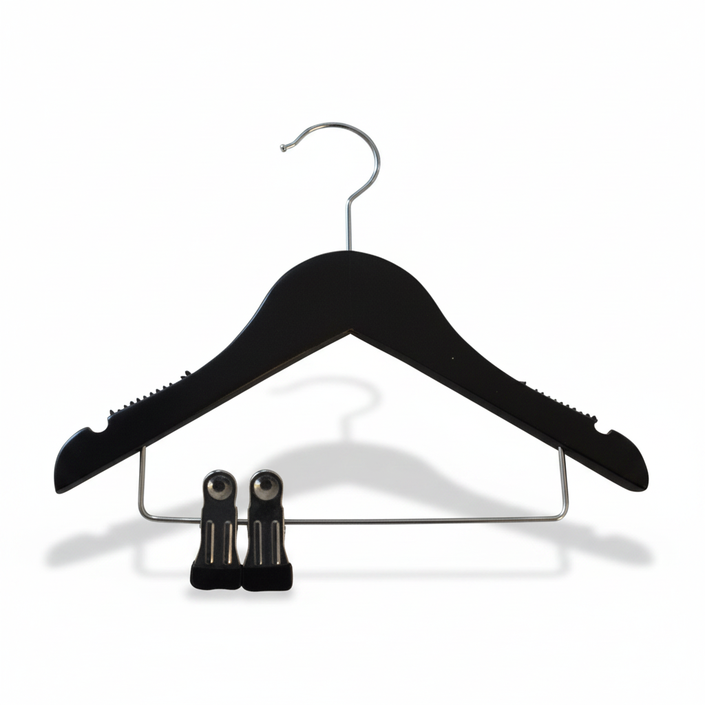 Wood hanger, solid, flat, baby, with rubber and notch, with clips, matte black, 27 cm