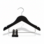 Wood hanger, solid, flat, baby, with rubber and notch, with clips, matte black, 27 cm