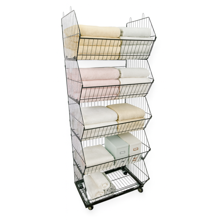Stacking basket set. 5 baskets and base frame with wheels, black, 59 x 43 x H155