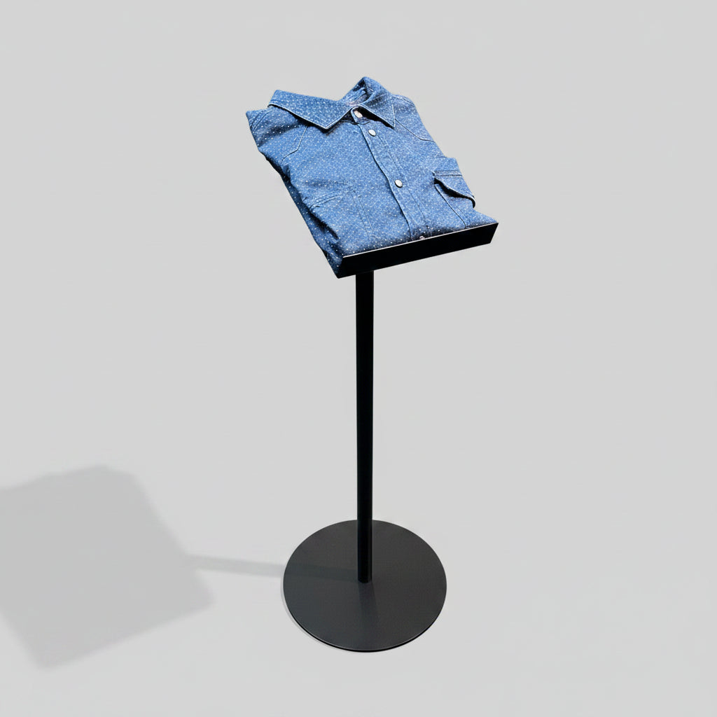 Brochure holder for floor. Plate (22 x 31) with front edge for brochures, shirts, etc. H66-122 cm. Heavy base