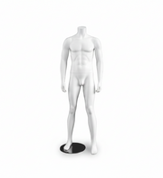 3000 male mannequin. White without head. Round metal base. H 175 cm. Model A, stands with legs apart