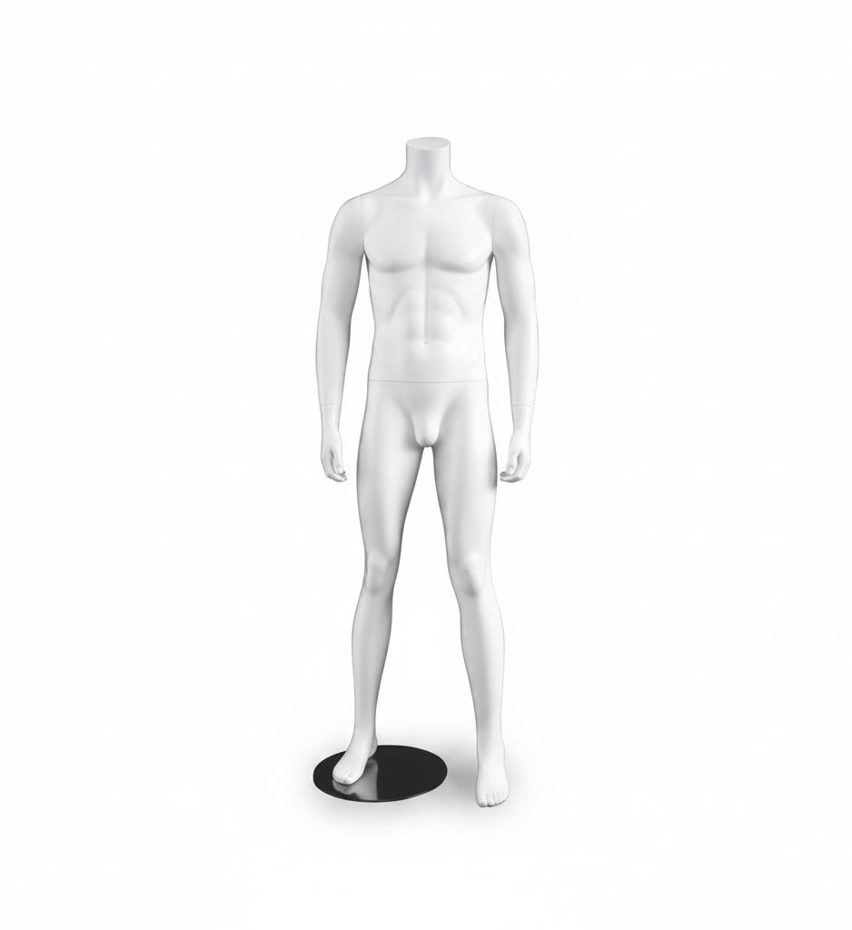 3000 male mannequin. White without head. Round metal base. H 175 cm. Model A, stands with legs apart