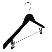 Wooden hanger, solid, flat, adult, with rubber and notch, with clips, glossy black, 12 mm thick, 45 cm (b004-1014-sb)