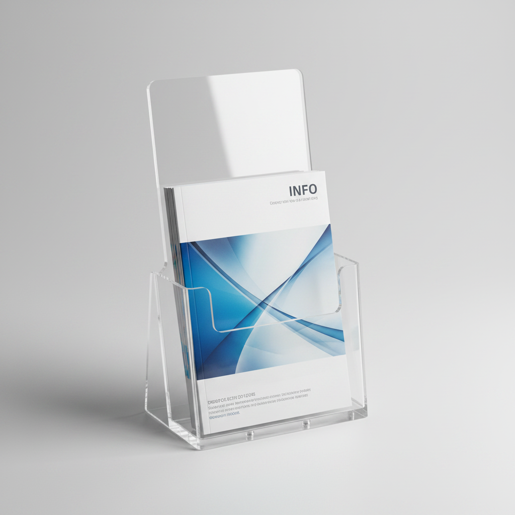 Brochure holder, M65, for table, clear acrylic. W 11 × D 8 × H 20.5 cm. Depth 3.2 cm