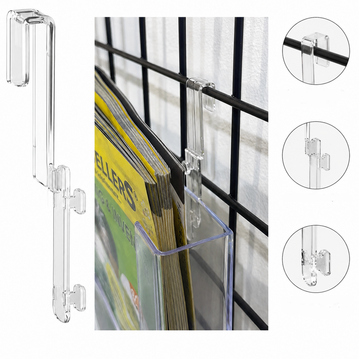 Hanging bracket for brochure holder on grids, acrylic
