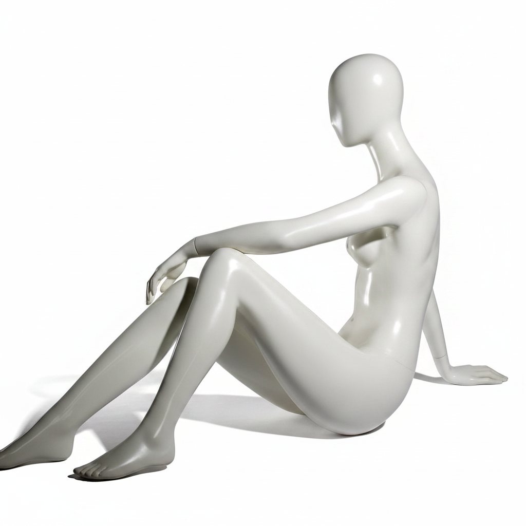Faceless female mannequin. White, matte with faceless head. Seated