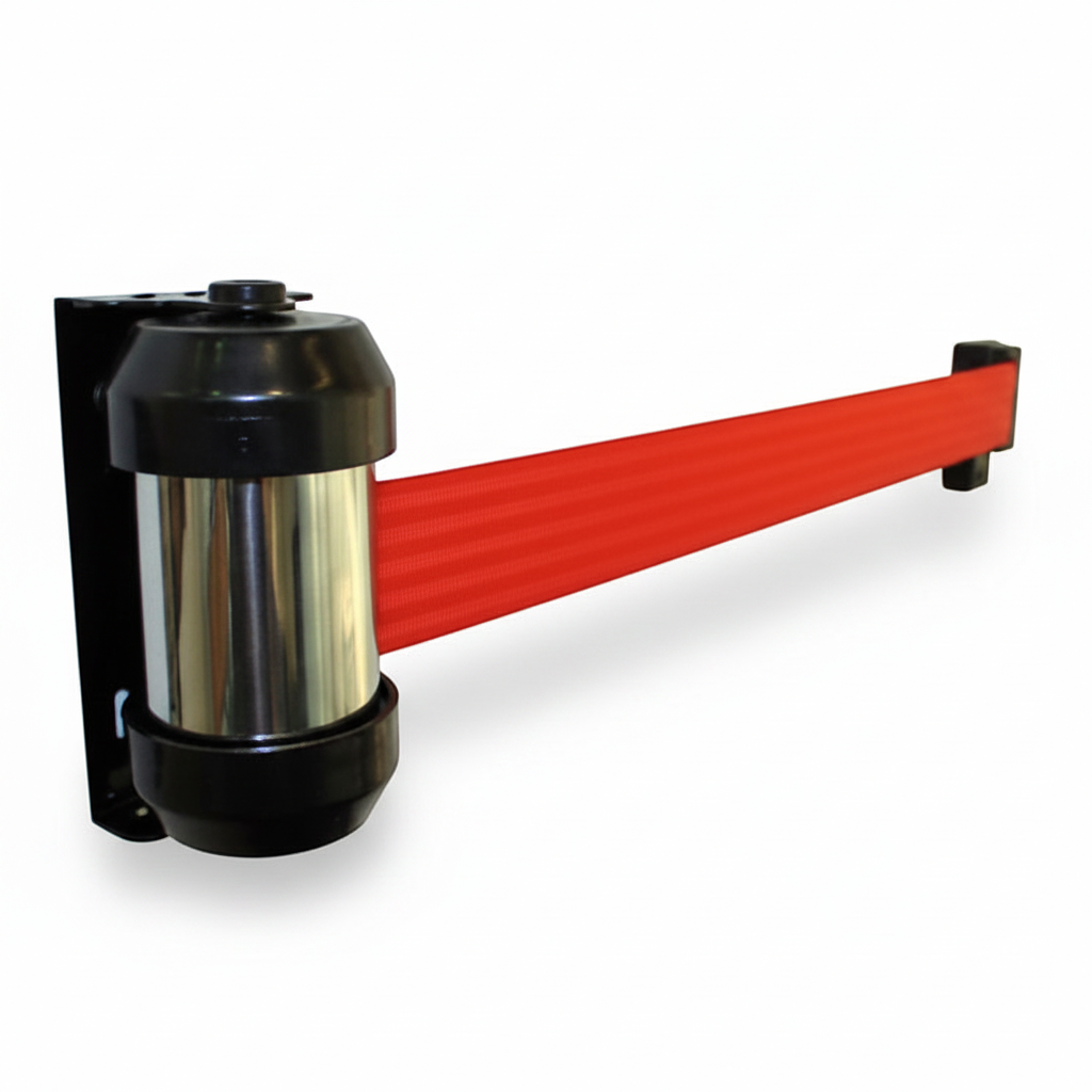 Wall barrier 2 meter red tape. Black bracket. Includes wall bracket