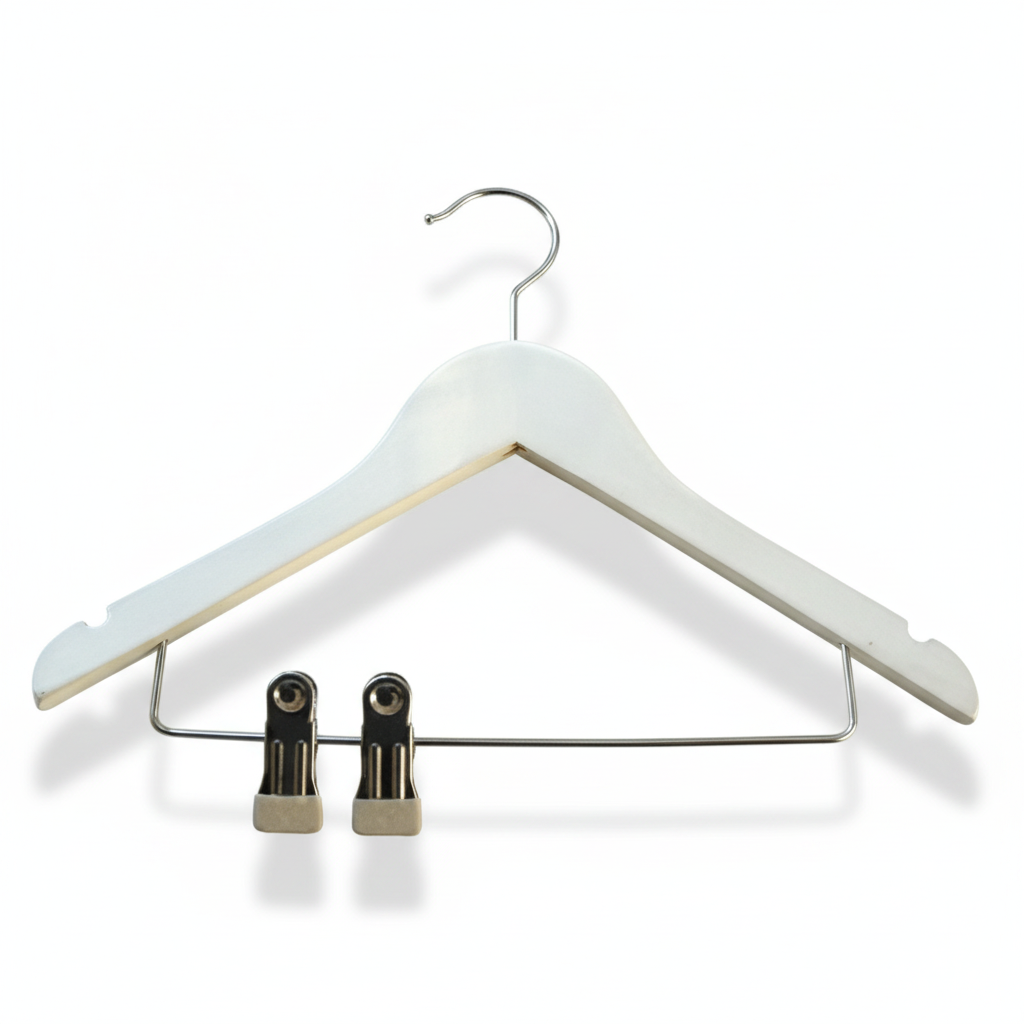 Wooden hanger, solid, flat, junior, with rubber and notch, with clips, matte white, 32 cm