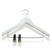 Wooden hanger, solid, flat, junior, with rubber and notch, with clips, matte white, 32 cm