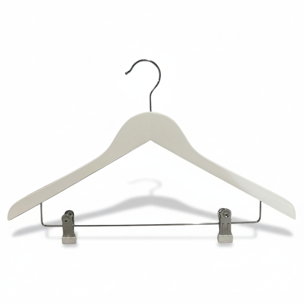 Wooden hanger, solid, flat, adult, with clips, white, 12 mm thick, 45 cm
