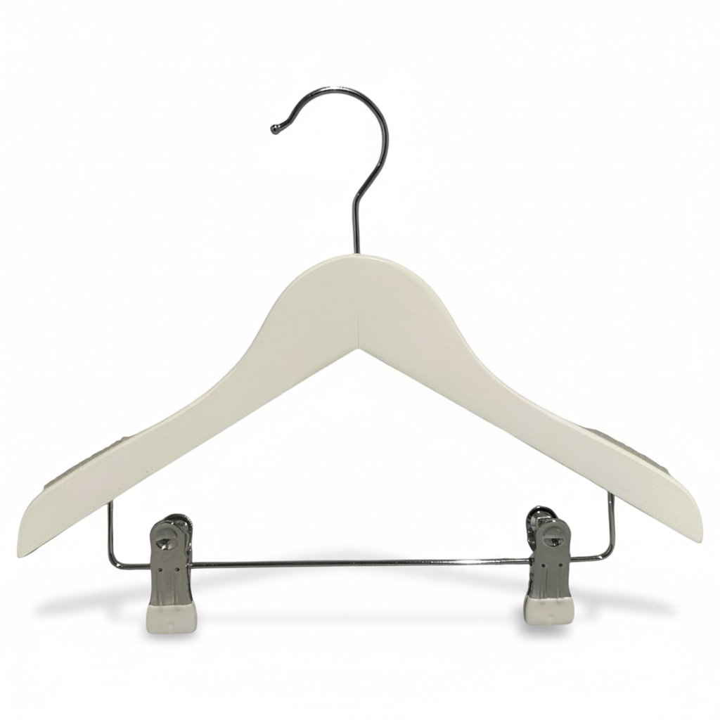 Wood hanger, solid, flat, junior, with clip, white, 32 cm