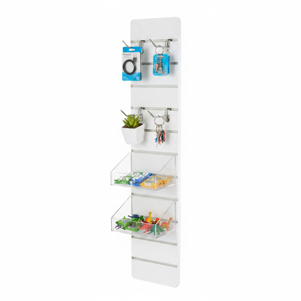 Slatwall panel for small items, rounded corners, includes 11 aluminum strips, 10 cm groove spacing, white, 30 x 120 cm