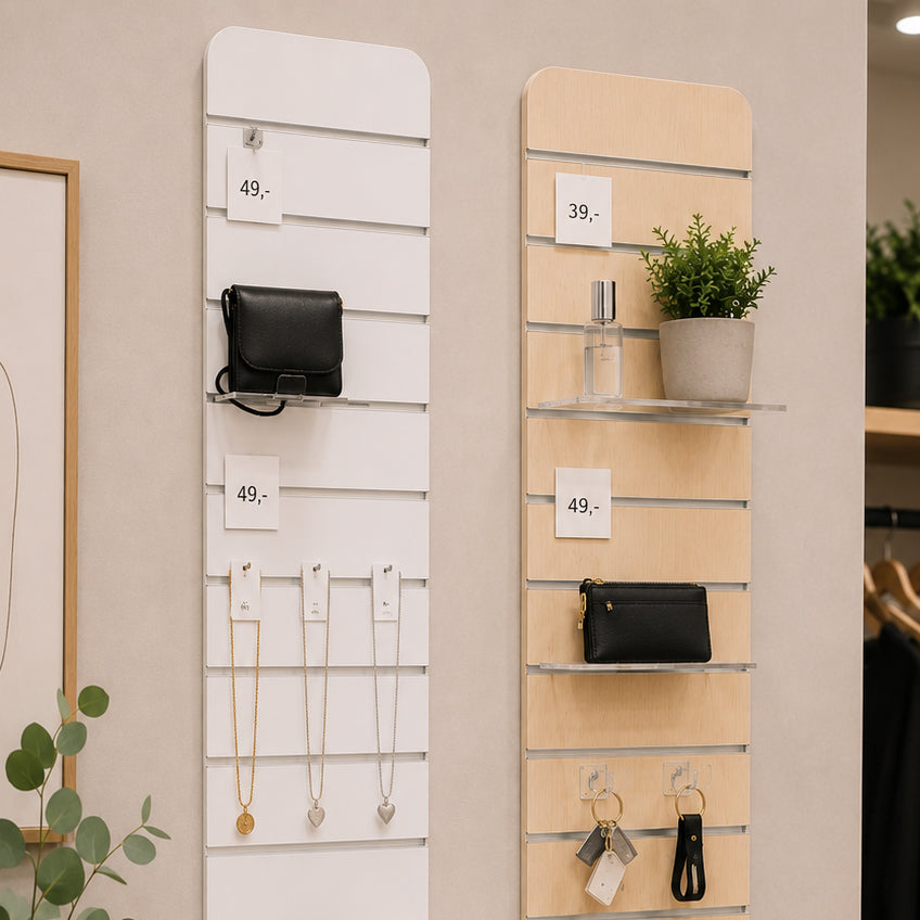 Slatwall panel for small items, rounded corners, includes 11 aluminum strips, 10 cm groove spacing, white, 30 x 120 cm