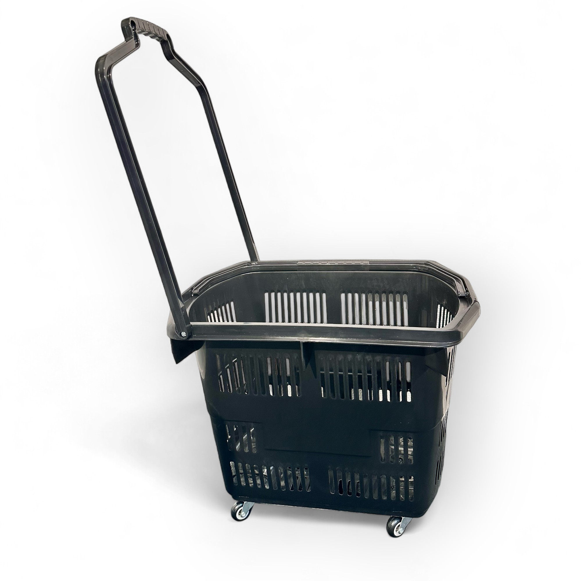Shopping cart 55 liters with pull handle and wheels.
