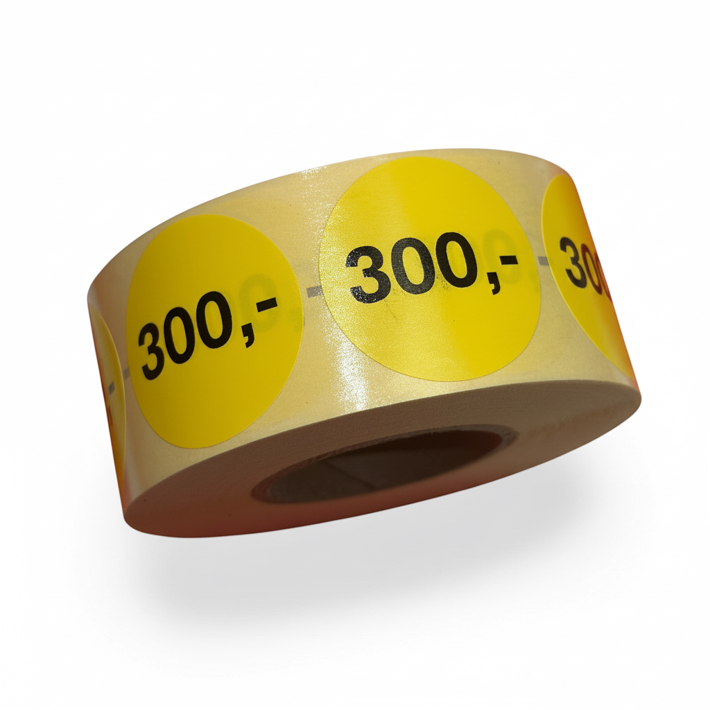 Yellow labels with printed ',-' — 1,000 pcs. Select amount