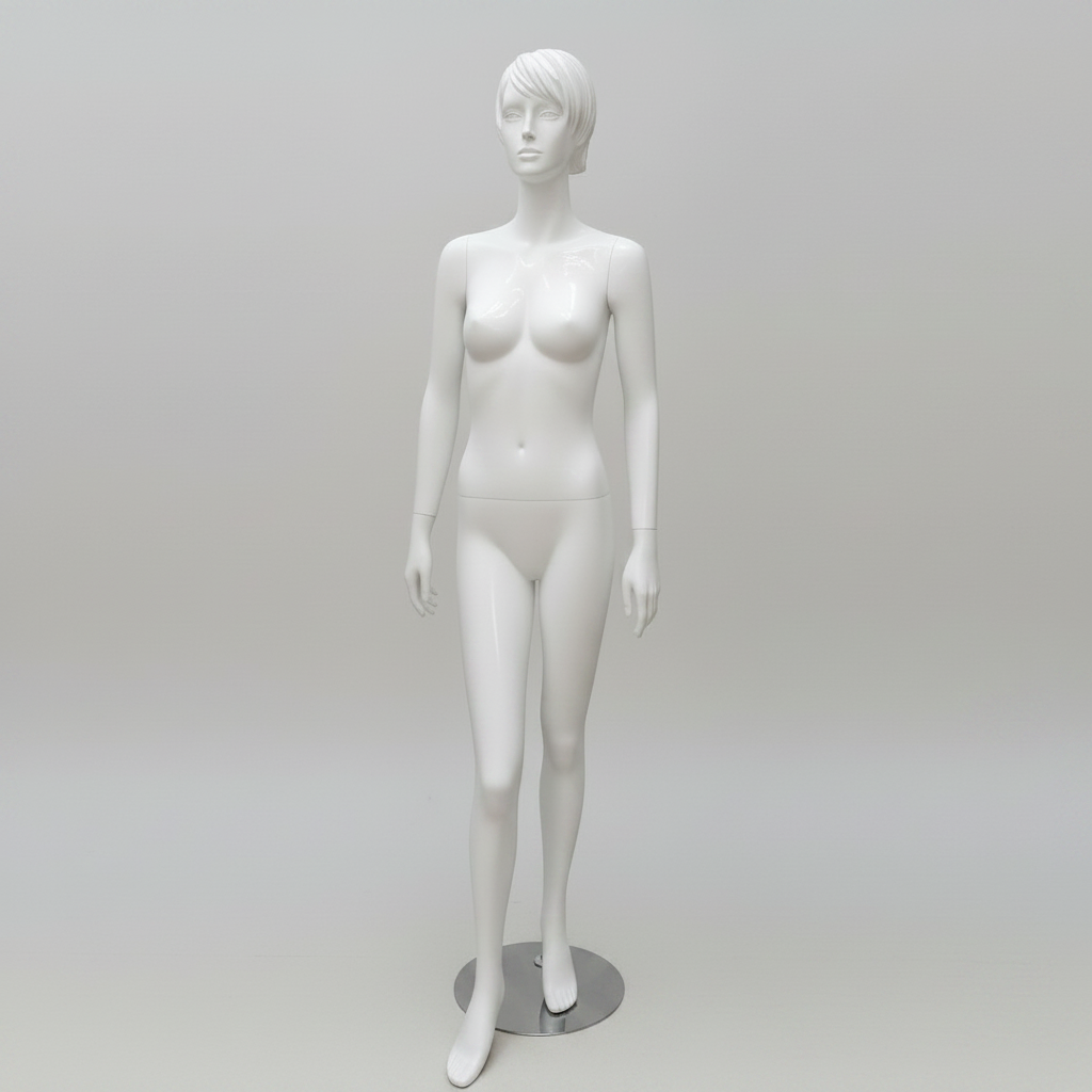 Realistic female mannequin. White with head, face and sculpted hair. Round metal base. Model A