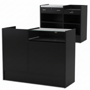 Slimline Disk, combo module, with glass top, incl. 1 pull-out tray, small drawer and 2 compartments each with 1 shelf, black, H96 x W120 x D46 cm