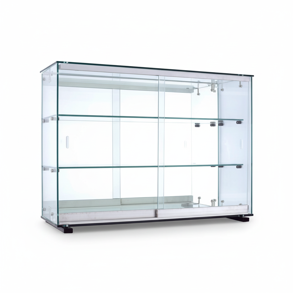 Normandy display cabinet, wide, medium, with tempered glass, incl. 2 shelves, sliding doors, mirrored back, 78 x 25 x 55 cm