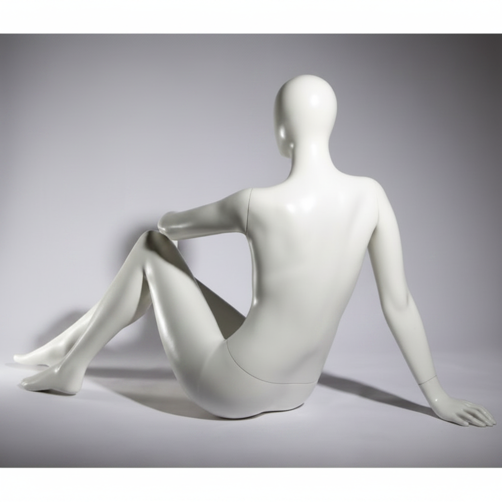 Faceless female mannequin. White, matte with faceless head. Seated