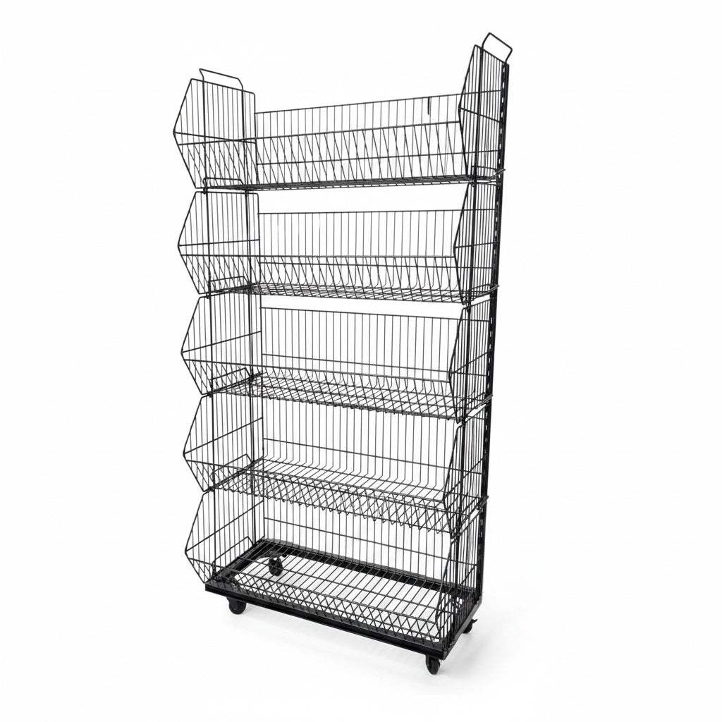 Stackable basket unit with 5 baskets and wheels – matte black, 81 x 43 x H160 cm