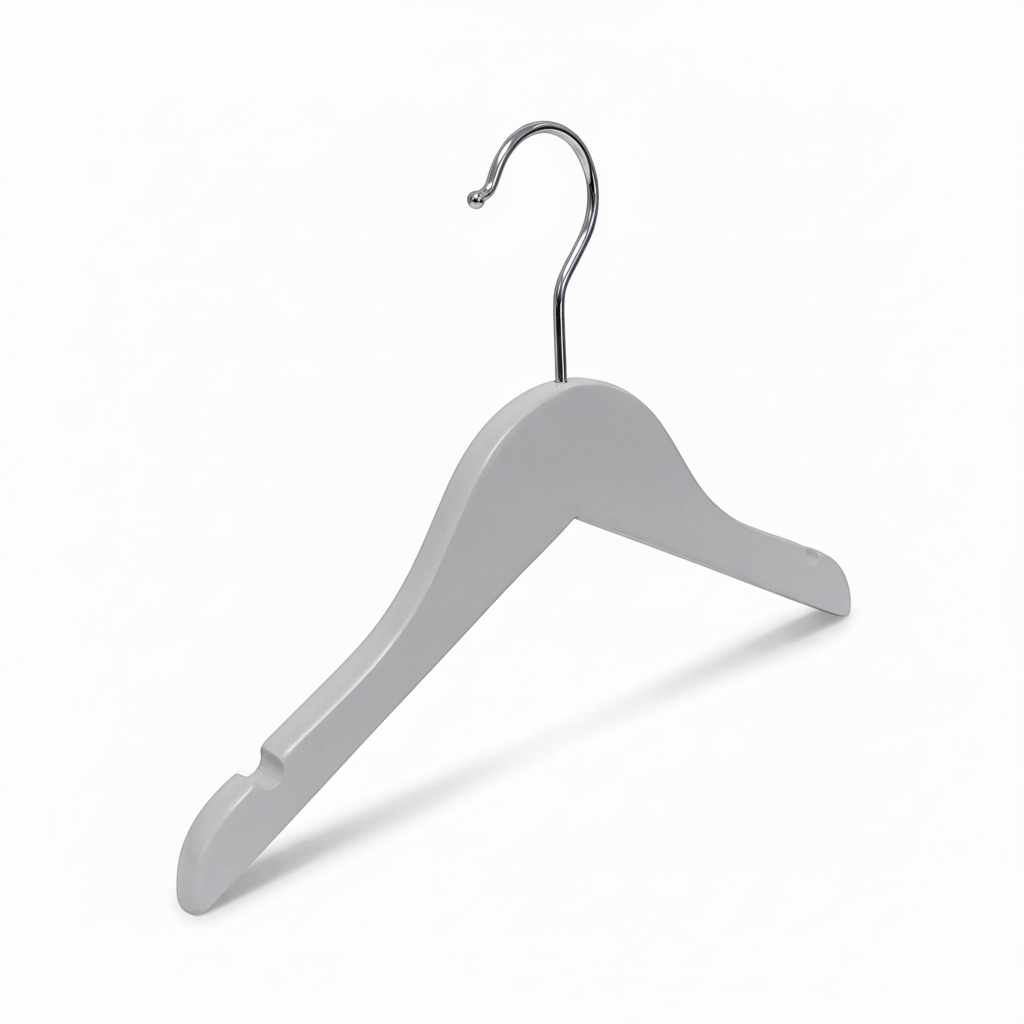 Træbøjle, solid, flat, junior, with notch and without bar, white, 32 cm. Pack of 10 pcs. Unit price