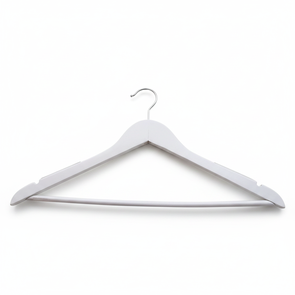 Wooden hanger, solid, flat, adult, with rubber and notch, with bar, glossy white, 12 mm thick, 45 cm