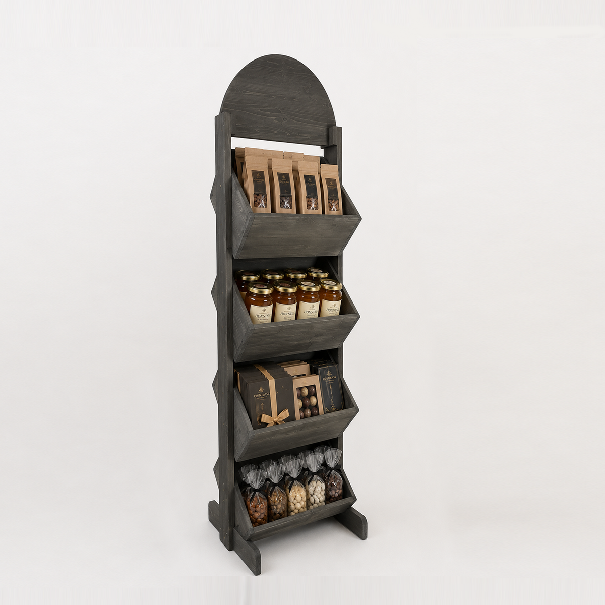 Graywood stand with 4 crates. H202 cm
