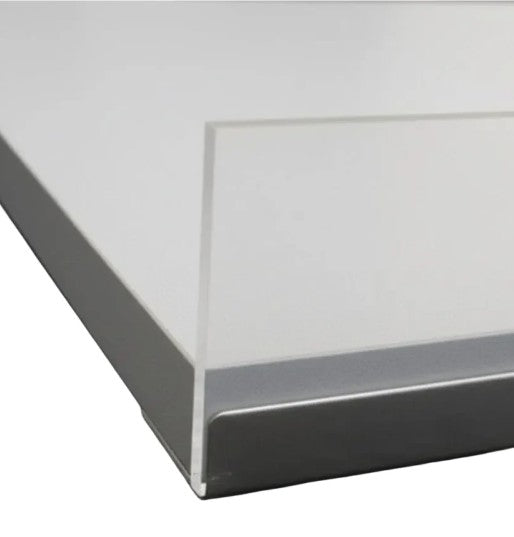 Angled white melamine shelf with white front edge, 119 x 27 cm