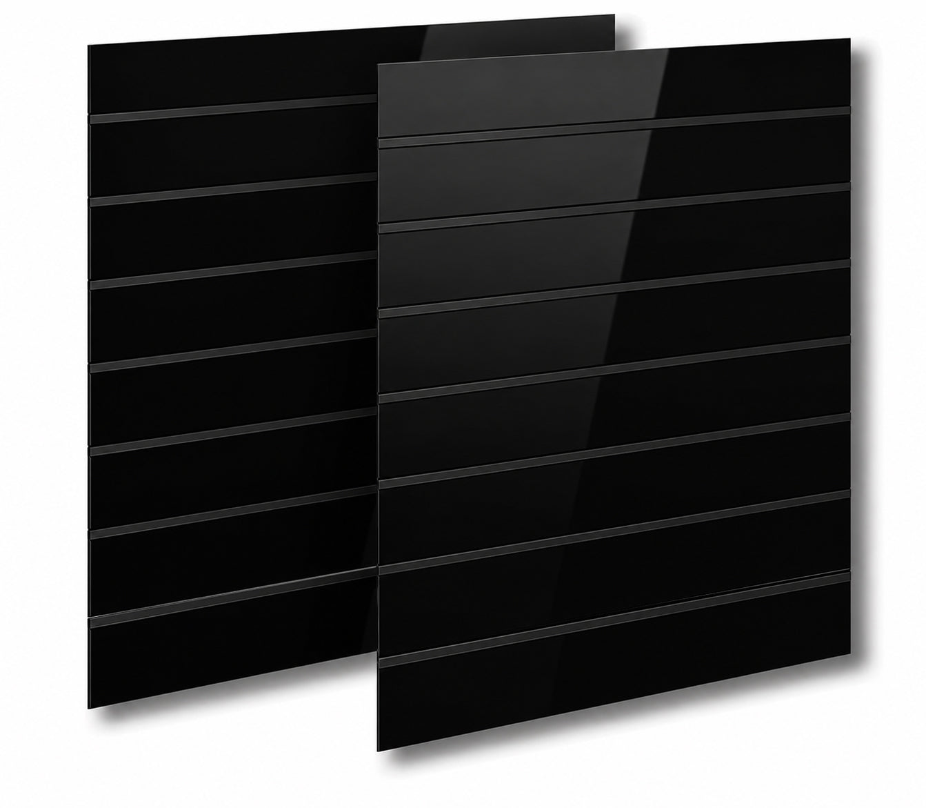Grooved panel, black high-gloss, groove spacing 15 cm, 120 x 240 cm. With black plastic strips