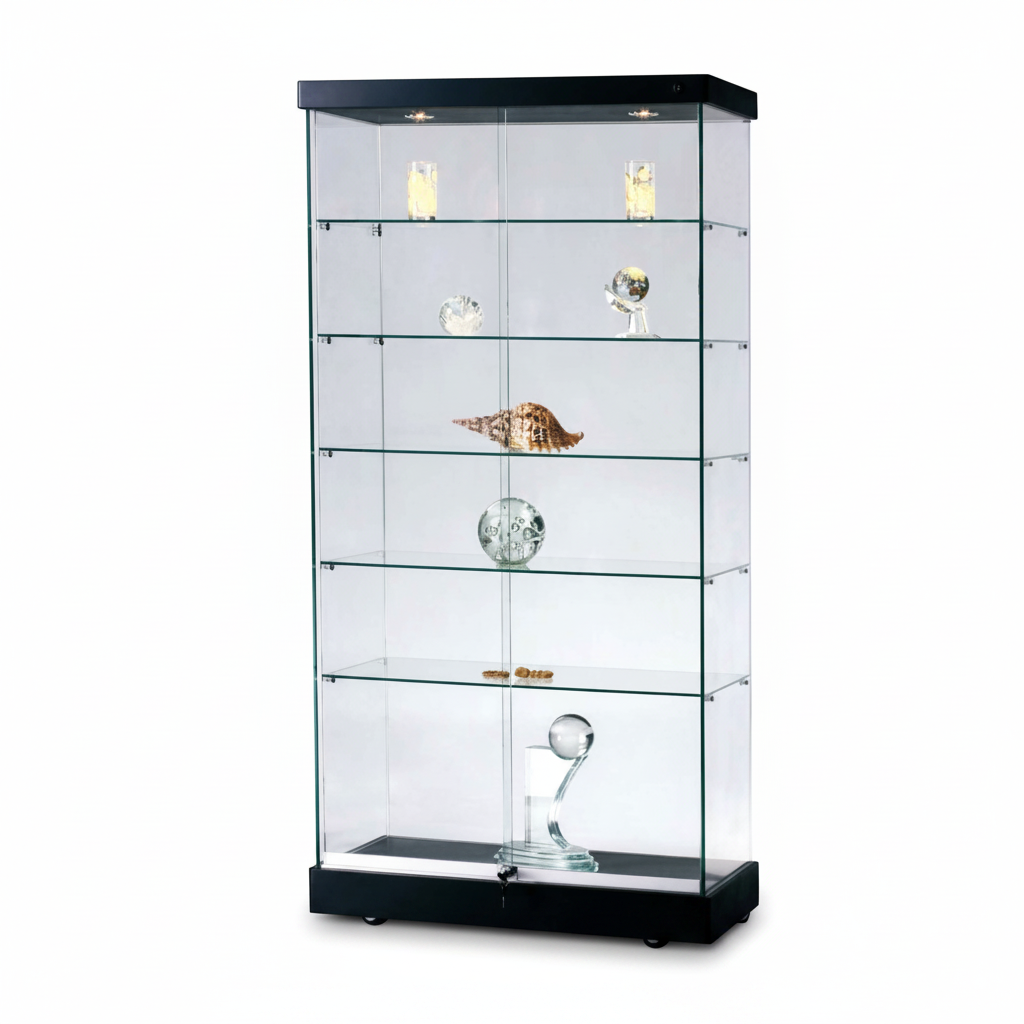 Display cabinet - Toscana II, floor display cabinet with lighting, black top and base, 90 x 46 x H184 cm.