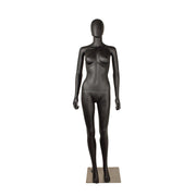 Standard women's mannequin, A, with straight arms, head without facial features and brushed satin metal base plate, black