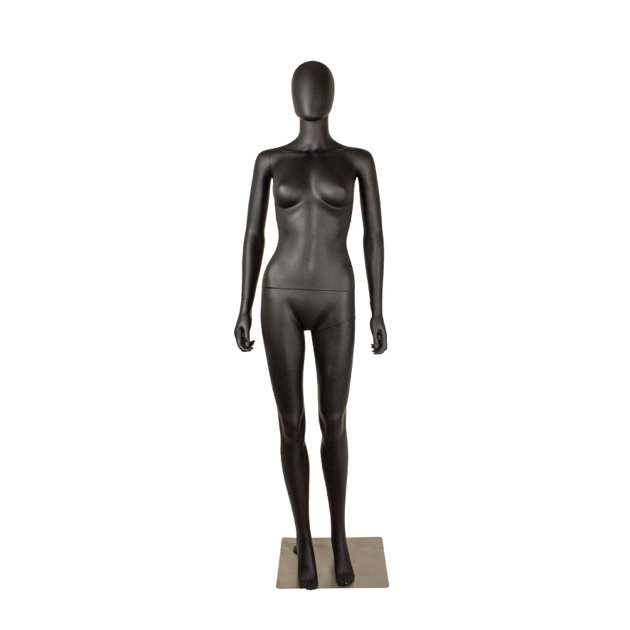 Standard women's mannequin, A, with straight arms, head without facial features and brushed satin metal base plate, black