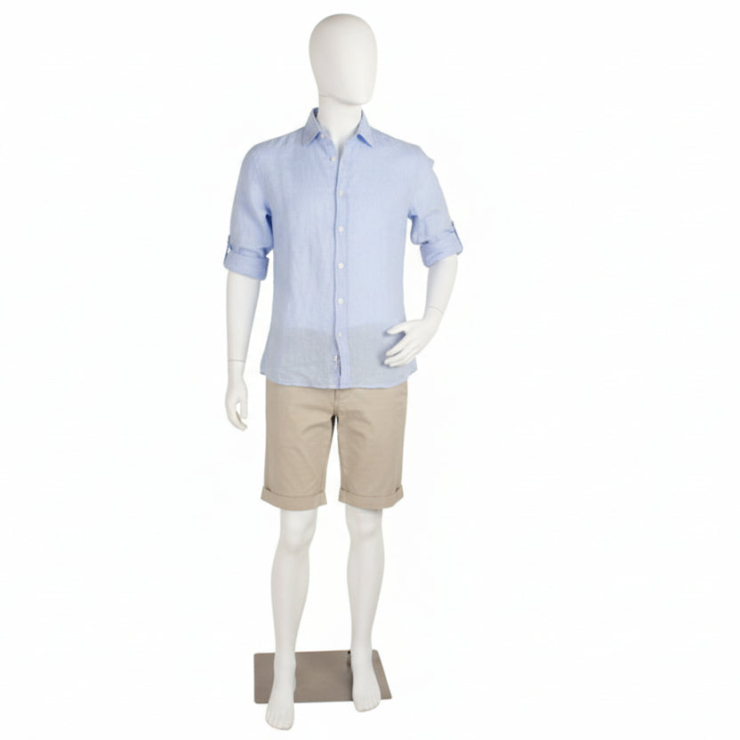 Standard men's mannequin, size D, with bent arm, head without facial features and brushed satin metal base plate, white