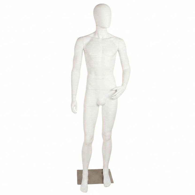 Standard men's mannequin, size D, with bent arm, head without facial features and brushed satin metal base plate, white
