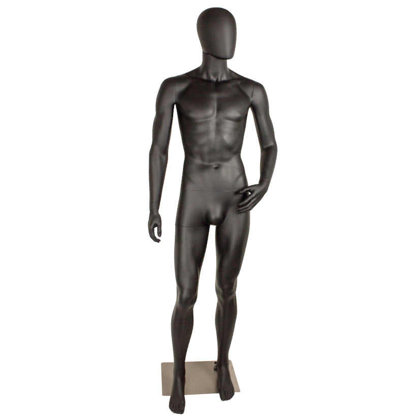 Standard men's mannequin, size D, with bent arm, head without facial features and brushed satin metal base plate, black