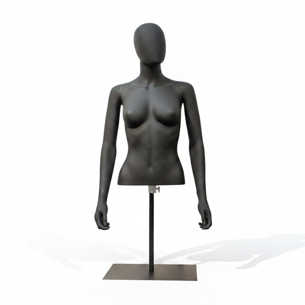 Female torso for tabletop display. Black plastic