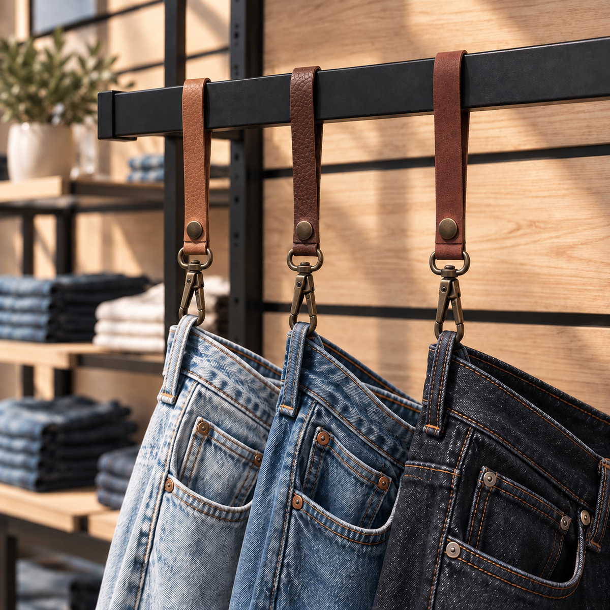 Leather strap, cognac. Narrow version. 1.6 x 17 cm. Jeans hook