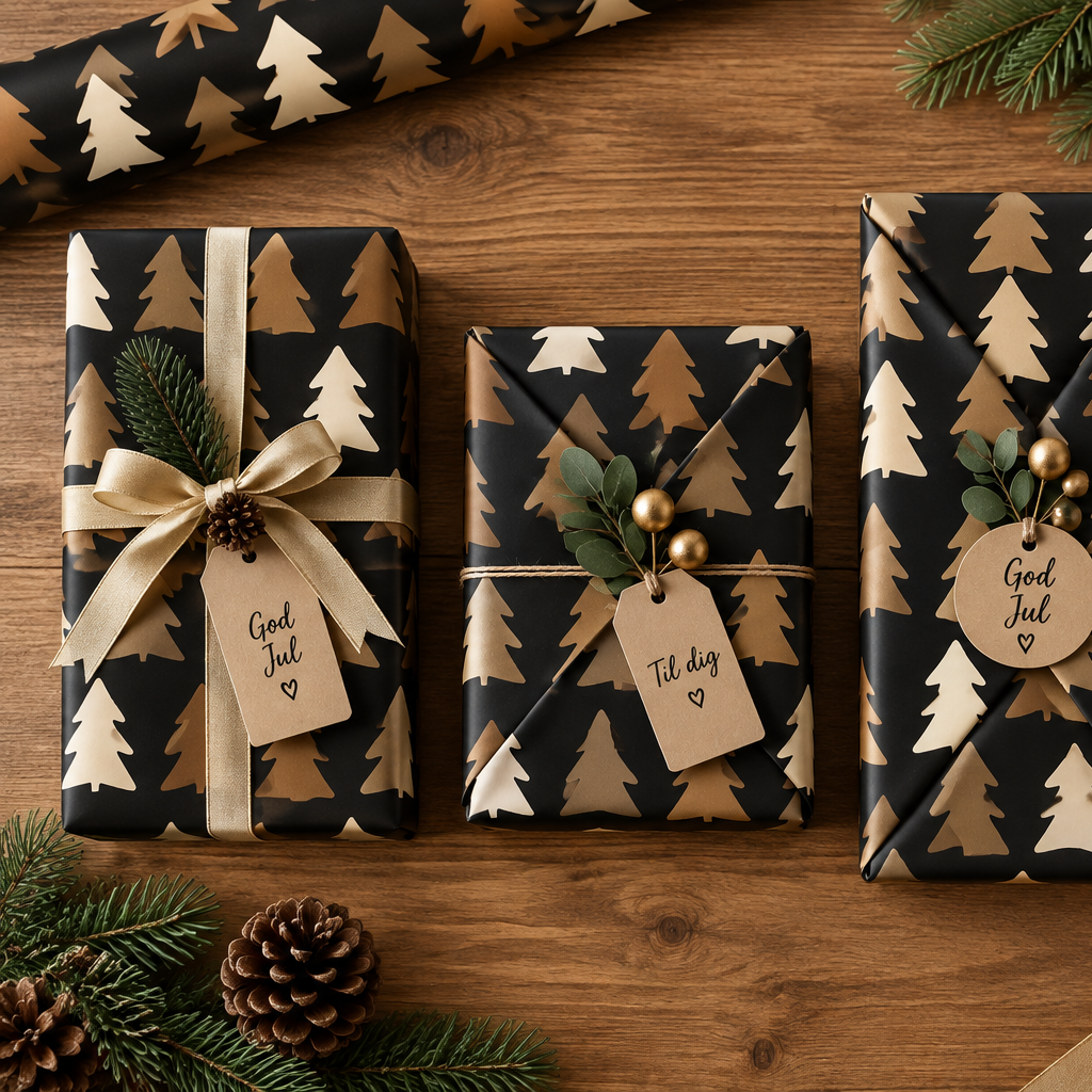 Wrapping paper, Christmas, black with gold, beige and copper Christmas trees. W 50 cm x 50 m.