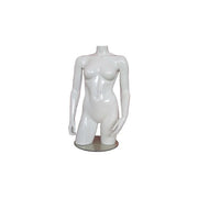 Female torso in fiberglass. White high gloss without head. Torso with hips. On base plate.
