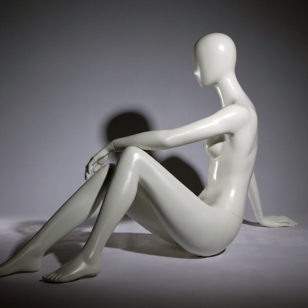 Faceless female mannequin. White, matte with faceless head. Seated