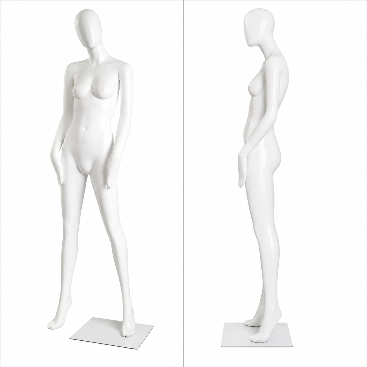 Faceless women's mannequin. White, matte with faceless head. Glove hands. Stands prominently