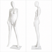 Faceless women's mannequin. White, matte with faceless head. Glove hands. Stands prominently