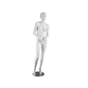 Realistic female mannequin. White with head, face and sculpted hair. Round metal base. Hand in hand