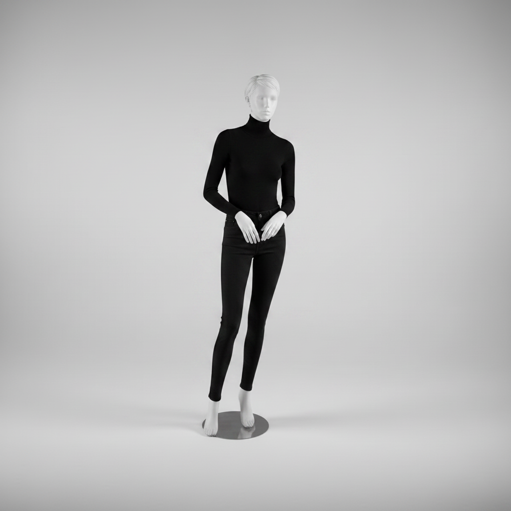 Realistic female mannequin. White with head, face and sculpted hair. Round metal base. Hand in hand